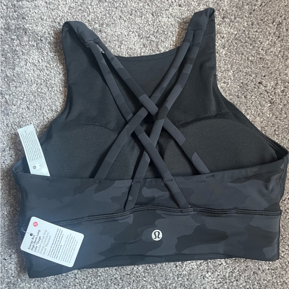 Brand New Lululemon High Neck Long Line Tough Energy Bra- Black Camo - Size 6